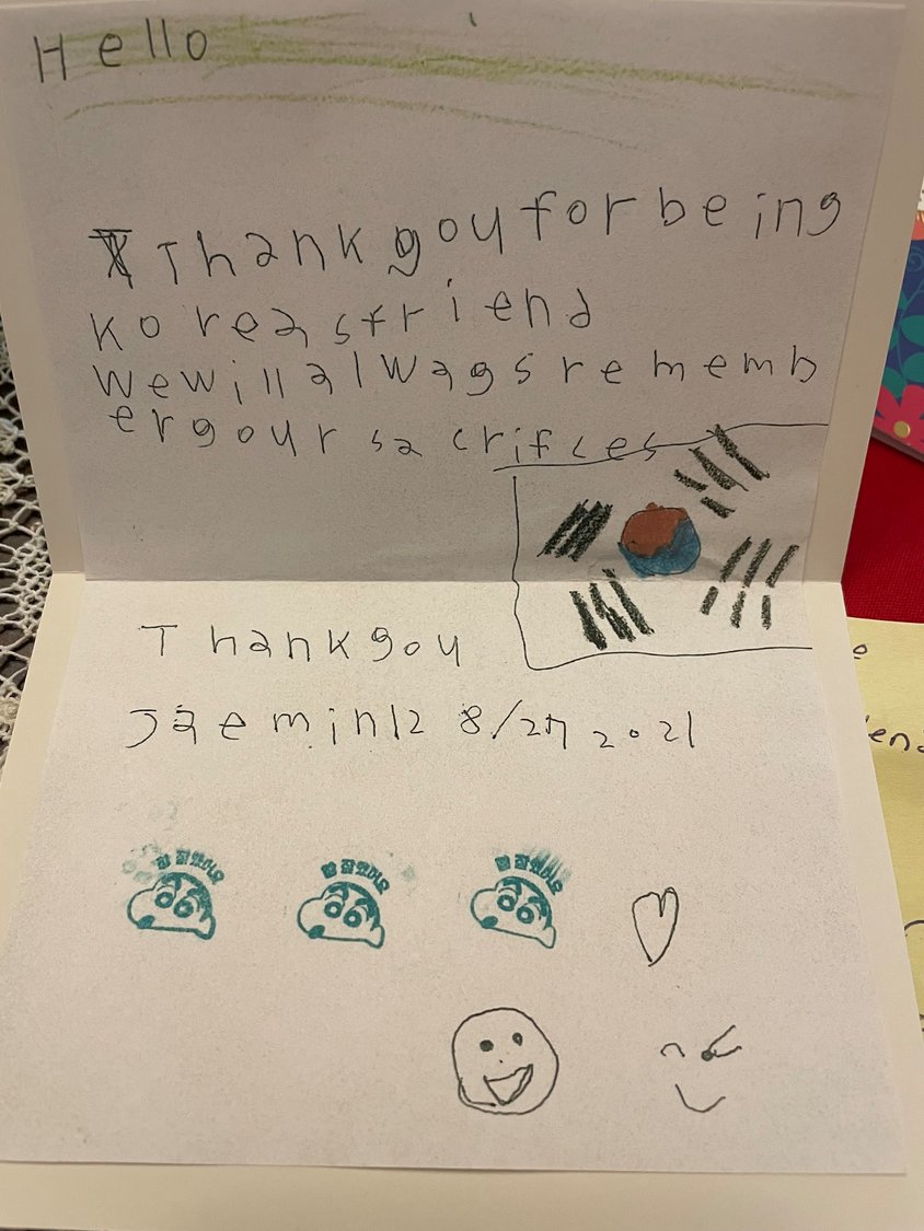 Veteran Lloyd Ellison received this card from a Korean child living in the United States.